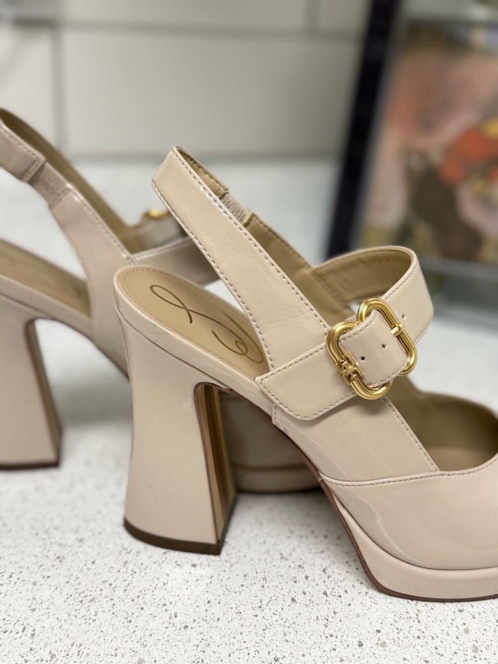 Sam Edelman Cream Patent Slingback Block Heels with Gold Buckle - Picture 4 of 7